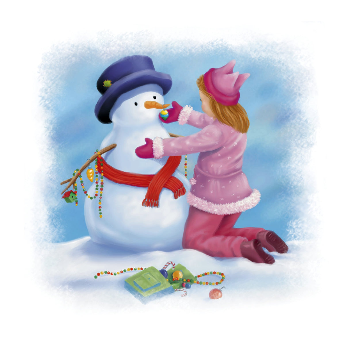 A little girl wraps a red scarf around the snowman, from The Snowman's Song