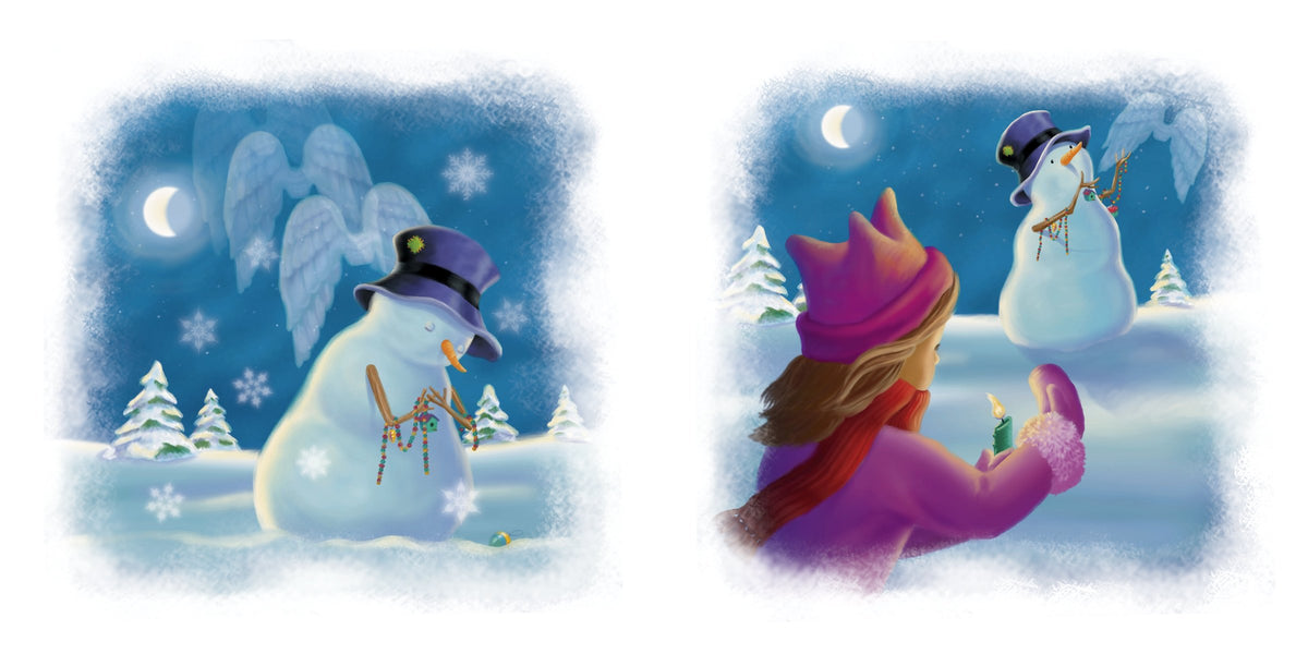 The snowman at night beneath a guardian angel; a girl holding a candle watches the snowman and the angel, from The Snowman's Song