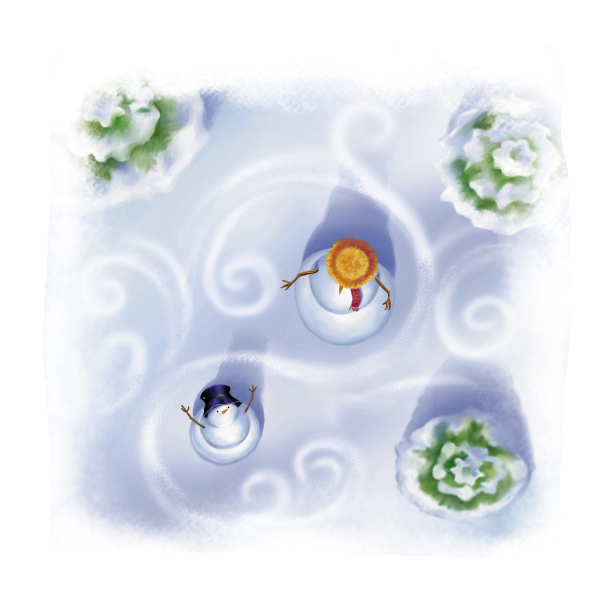 A bird's-eye view of tiny snowmen in the snow, from The Snowman's Song